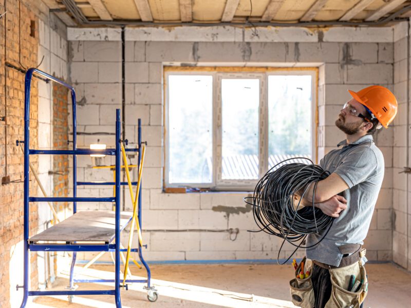 Electrician contractor looking unhappy holding roll of cables